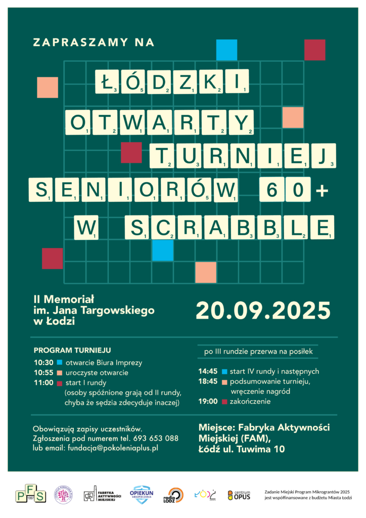 plakat Łódzki Otwarty Turniej Seniorów 60+ w SCRABBLE
